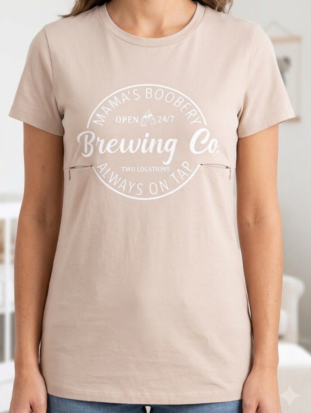 Nursing Queen "Mama's Boobery Brewing Co." Nursing T-Shirt Tan XXS Classic Mama